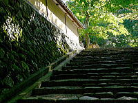 西明寺　参道石段越しに庭園入口門